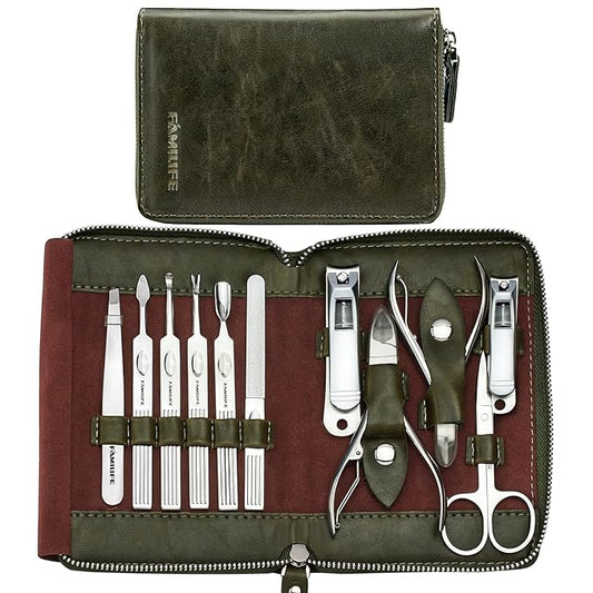 FAMILIFE Manicure Set, Professional Manicure Kit Nail Clippers Set 11 in 1 Stainless Steel Nail Pedicure Tools Kit Grooming Tool with Portable Green Leather Travel Case Luxury Gifts for Women and Men