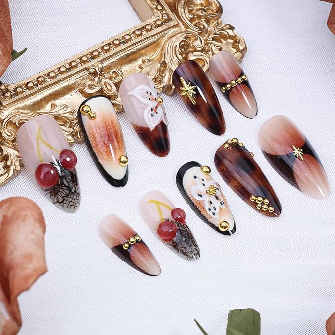 24Pcs Fall French Tip Press on Nails Medium Almond Fake Nails 3D Handmade False Nails Gold Beads Design Fall Flower Acrylic Nail Cherry Star Gems Cute Glue on Nails for Autumn Winter Manicure