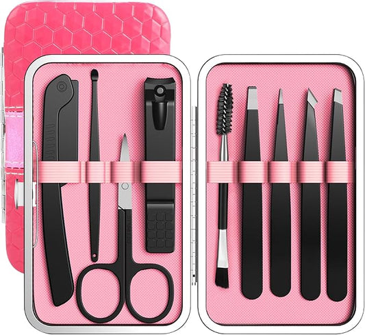 Tweezers Set, Hyxhappy 9 pcs Professional Stainless Steel Tweezer Kit for Women Facial Hair, Precision Plucke Tweezers with Luxurious Travel Case for Ingrown Hair Removal