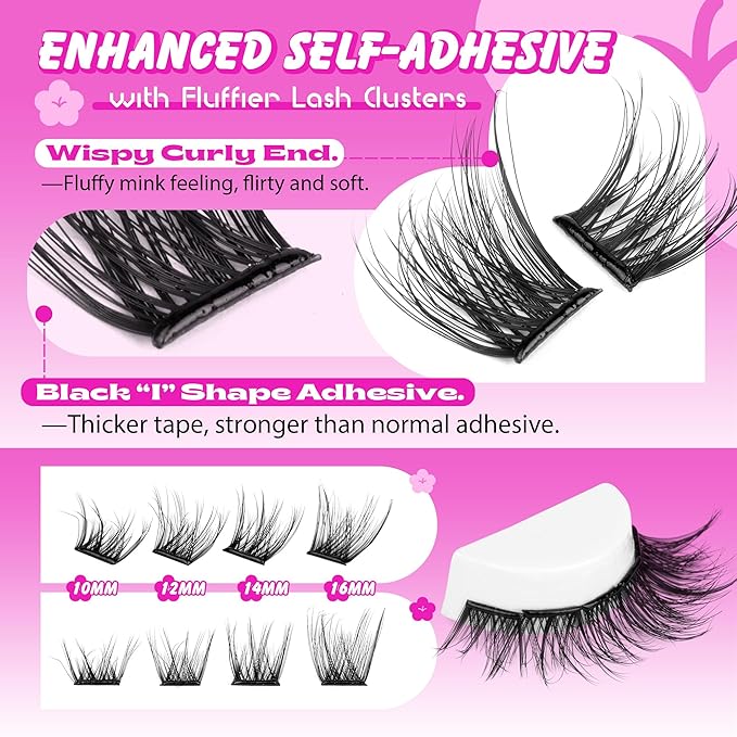 Reusable Self Adhesive Eyelashes Wispy Self Adhesive Lash Clusters Fluffy Press on Lashes Extension 10-16mm Glueless Lashes Clusters with Tweezers by ALPHONSE