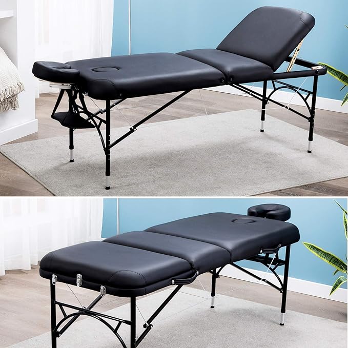 Artechworks 28" Width 3 Folding Portable Lightweight Massage Table Facial Salon Spa Tattoo Bed with Aluminium Leg for Home Office Living Room, Black