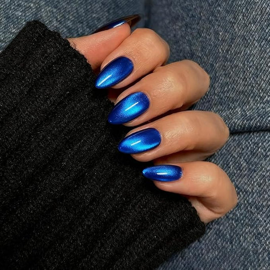 KQueenest Press On Nails Short - Vibrant Royal Blue Press On Nails Almond Shape, Glitter Cat Eye Fake Nails with Nail Glue, Reusable Cute Bright Gel Glue On Nails with Color-Shifting Glow, 30 Pcs