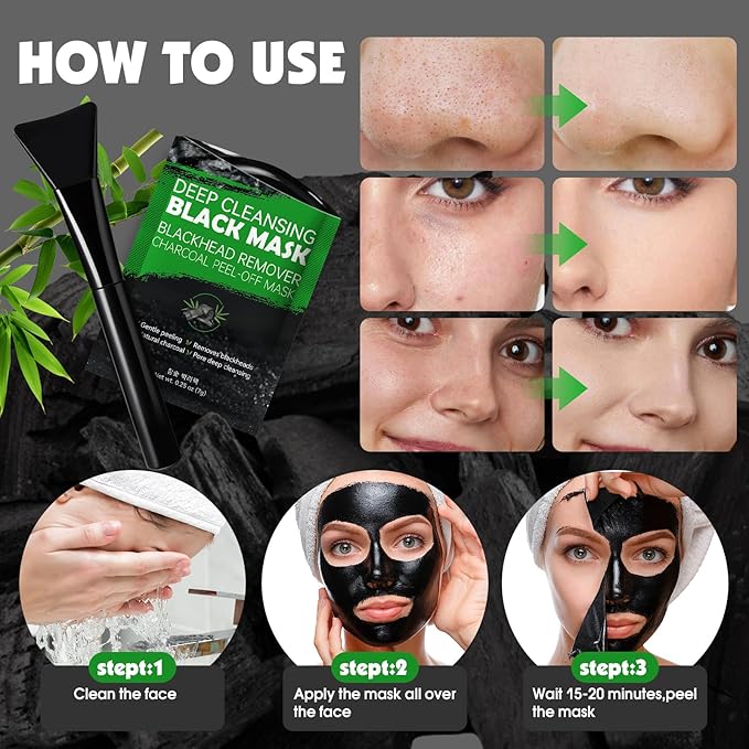 20 Pack Blackhead Remover Mask Set, Charcoal Peel Off Black Face Mask with Brush, Blackhead Pore Acne Remover for Face and Nose, Deep Cleansing for Men and Women