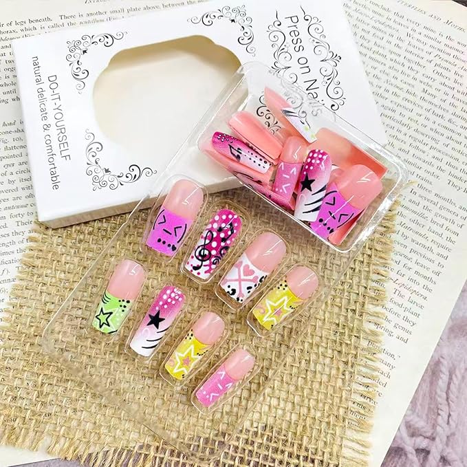 Fall French Tip Press on Nails Long Square False Nails Musical Notes Stars Design Full Cover Glue on Nail Reusable Colorful French Tip Acrylic Fake Nails Artificial Stick on Nail for Women
