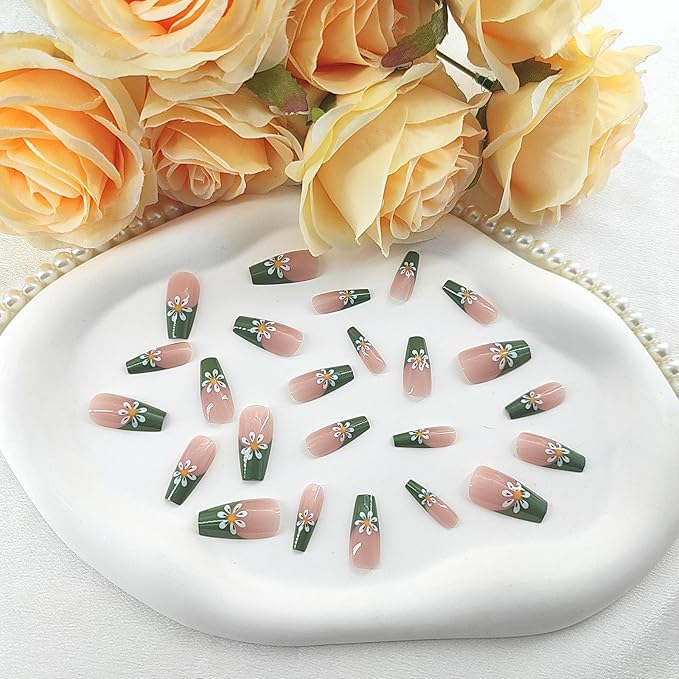 Coffin Press on Nails Medium Green French Tip False Nails with White Flower Design Coffin Nails Press ons Light Pink Full Cover Glue on Nails Glossy Fake Nails Cute Stick on Nails for Women 24Pcs