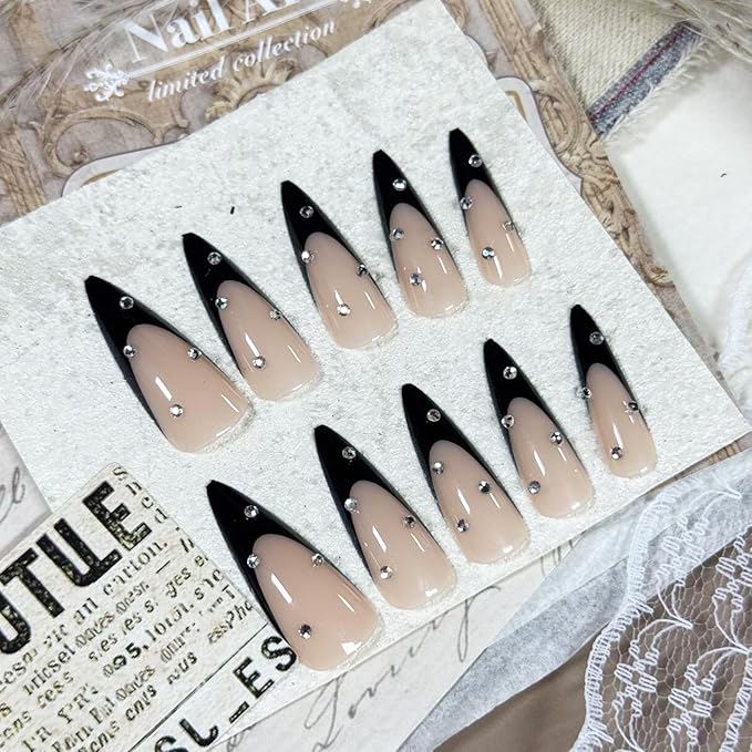 IMRAIN Long Press on Nails Stiletto Fake Nails Black French Tips False Nails with Rhinestone Designs Reusable Acrylic Nude Full Cover Glue on Nails 24Pcs