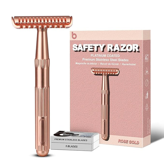 Matte Rose Gold Double Edge Safety Razor, Single Blade Razors for Women and Men, with 10 Stainless Steel Safety Razor Blades, Reusable, Smooth and Close Wet Shaving Kit, Plastic Free