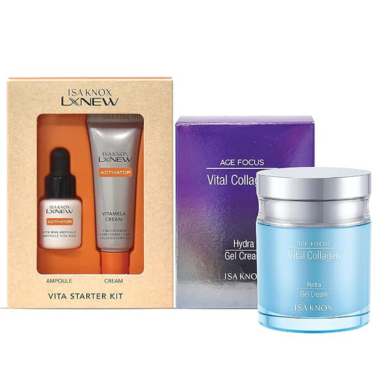 ISA KNOX AGE FOCUS VITAL COLLAGEN Hydra Gel Cream, LXNEW VITA MAX Ampoule, LXNEW VITAMELA Cream (15 ml/3.89 fl oz) - Korean Skin Care by LG Beauty. Vitamins C, B12 & E.