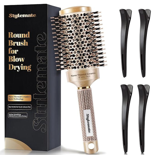 Round Brush for Blow Out, Nano Thermal Ceramic & Ionic Tech, 2.1 Inch Barrel, Boar Bristles, Roller Brush for Blow Drying and Styling, Gold, Hair Brush for All Hair Types
