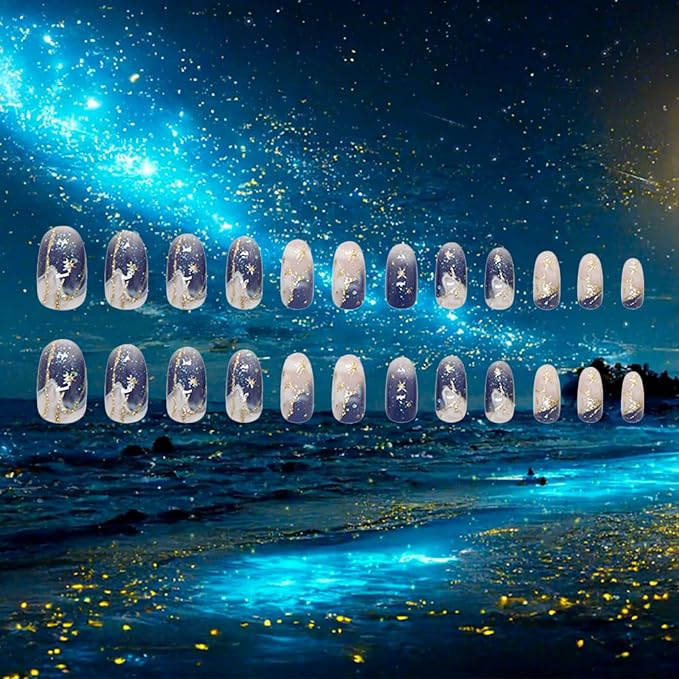24Pcs Milky Way Press ons Fingernails Glossy Gold Glitter Medium Almond False Nail Stars Gel Glue on Acrylic Fake Nails Blue Gradient Stick on Nail Starry Sky Press on Nails for Holiday Manicure Art