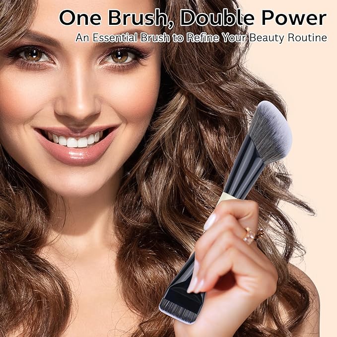 Dual-Ended Makeup Brush,Flat Top Foundation & Angled Contour Brush for Flawless Blending, Smooth Coverage & Effortless Contouring, Ideal for Foundation, Blush, Bronzer & Powder (White)