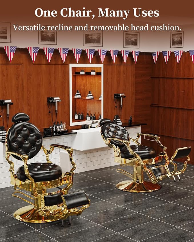 Baasha Vintage Reclining Barber Chair with Adjustable Headrest, Heavy-Duty Metal Frame & Cushion Support, Gold Trim Salon Chair, 550 lbs Capacity
