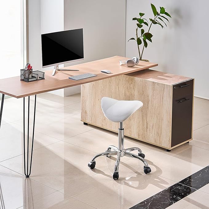 VEVOR Saddle Stool with Wheels, 450 LBS Weight Capacity Ergonomic Rolling Stool, Height Adjustable Thickened PU Leather Swivel Saddle Chair for Salon, Spa, Massage, Tattoo, Clinic, White