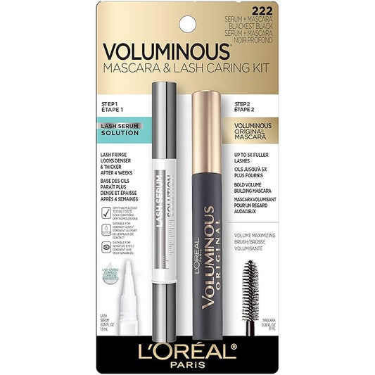 L'Oreal Paris Lash Serum + Voluminous Washable Blackest Black Mascara 0.25 Fl Oz Double pack