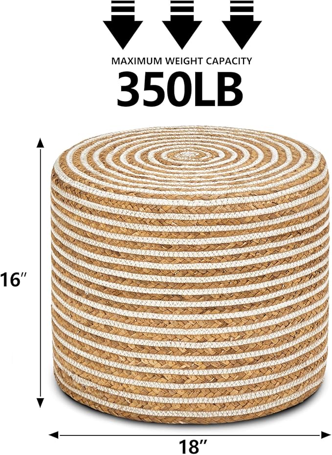 Wimarsbon 18'' Ottoman Pouf, Natural Braided Poof, Rustic Handweave Lounge Pouffe, Boho Footrest Stool for Bedroom, Accent Table or Seat for Living Room (Natural Water Hyacinth + White Cotton Rope)