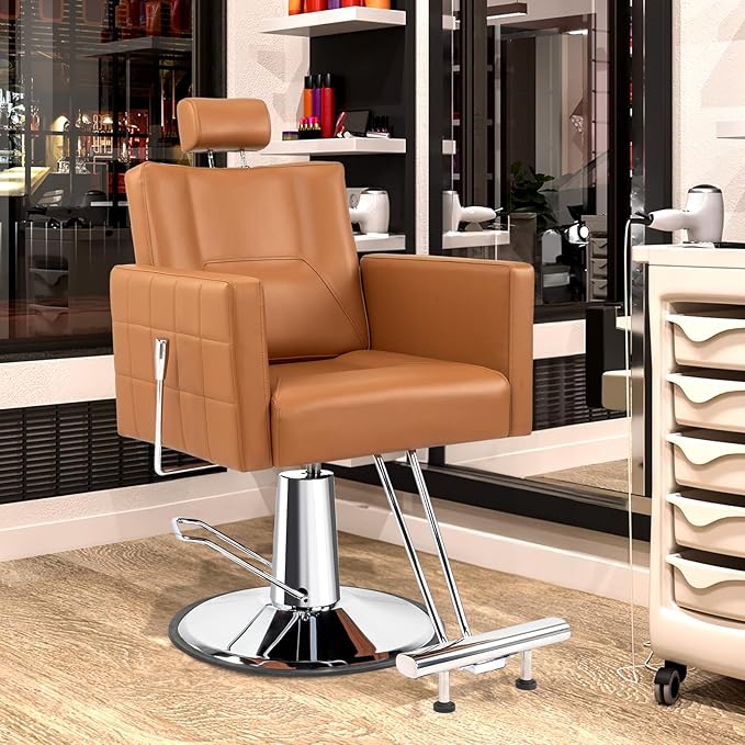 OmySalon Hydraulic Barber Chair Heavy Duty, Salon Chair for Hair Stylist All Purpose, Reclining Hair Salon Chair for Braiding Shampoo Facial Waxing Beauty Spa, 360 Degree Swivel, Camel