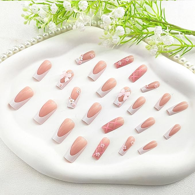 Long Press on Nails Square Plastic False Nails 24Pcs Glossy Extre Long Glue on Nails for Girls and Women with Lines 3D Bow Flower Design Pearl White French Tip Nails