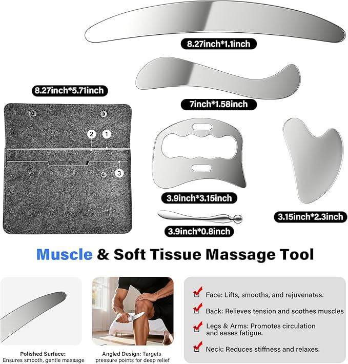 5 in 1 Muscle Scraper Tools Kit - Stainless Steel Gua Sha Massage Tools for Physical Therapy, Derma Edge Scraping for Face & Body, 5 PCS Guasha Set for Deep Tissue & Relaxation（5 PCS）