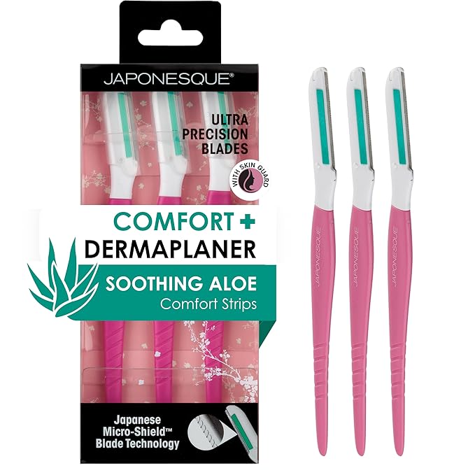 JAPONESQUE Dermaplaner with Soothing Aloe Comfort Strip - Skin Tool with Ultra Precision Blade for Facial Hair Removal and Exfoliation, 3pk.