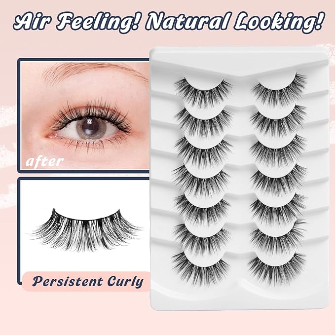 Lashes Wispy False Eyelashes Natural Volume Fluffy Lashes 12MM Strip Eyelashes with Thin Band C Curl Eyelashes False Eye Lashes Pack 7 Pair Siligli