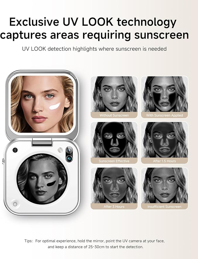 inewme UV Camera Mirror for Sunscreen Test, 3-Color LED Light with Real-Time UV & Humidity Sensor, Portable Travel Makeup Mirror, Compact Skin Care Tool