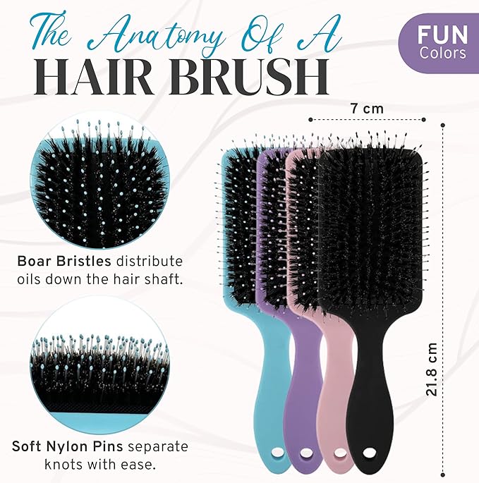 Nora Ross Boar Bristle Hair Brush for Shine & Smoothness – Gentle Detangler Boar Bristle Brush for Women & Men w/Sensitive Scalp & Fine Hair – Slick Back Hairbrush for Frizz-Free Hairstyle (Pink)