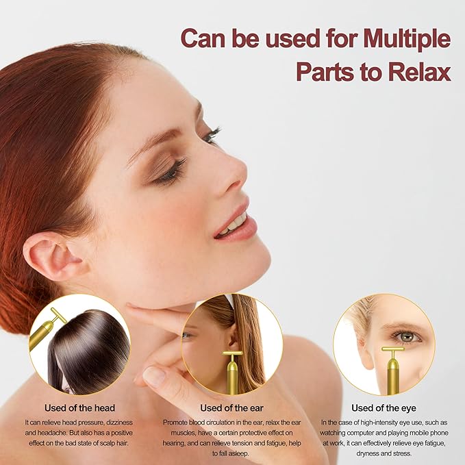 Elitzia T-Shape Beauty Pulse Face Massager 24k Golden Facial Vibration Lift Massage Tools Promote Absorption Improve Multifunctional Can Be Used for Relaxing Face Eyes Head and Ears Portable ETGB001