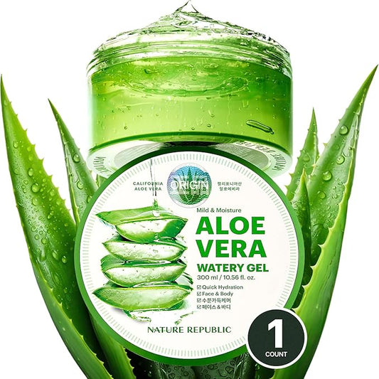 Nature Republic MILD & MOISTURE ALOE VERA WATERY GEL (1 PCS) Quick Hydration & Moisturizing,fast absorbing non-sticky texture,korean skin care for Face,Hair,Sunburn relief, aftershave, all Skin Types