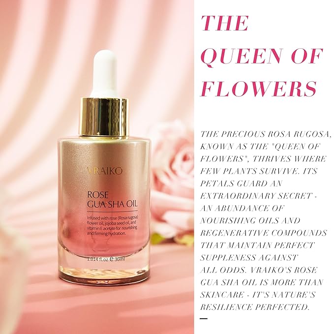 VRAIKO Gua Sha Face Oil Serum | Rosa Rugosa Flower & Jojoba Seed Oil Product | Detox, Plump, Anti-Oxidant, Soothing | Nourish, Cruelty Free, Natural, 1 fl oz