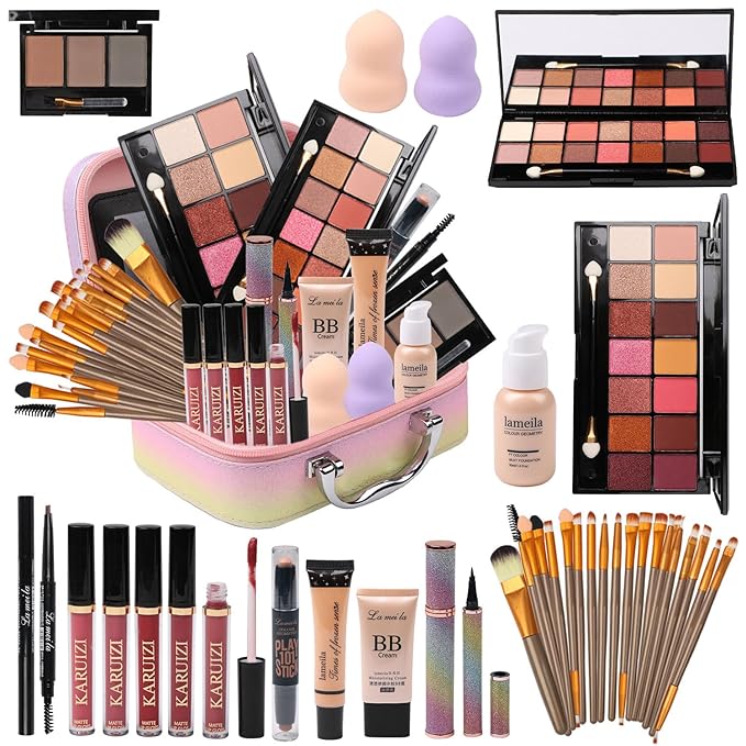 makeup sets for women,Professional Makeup Kit with Eyeshadow Palette,Brushes Set, Foundation, Lip Gloss, Travel Bag, Complete Beauty Set (Colorful bag)