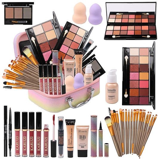 makeup sets for women,Professional Makeup Kit with Eyeshadow Palette,Brushes Set, Foundation, Lip Gloss, Travel Bag, Complete Beauty Set (Colorful bag)