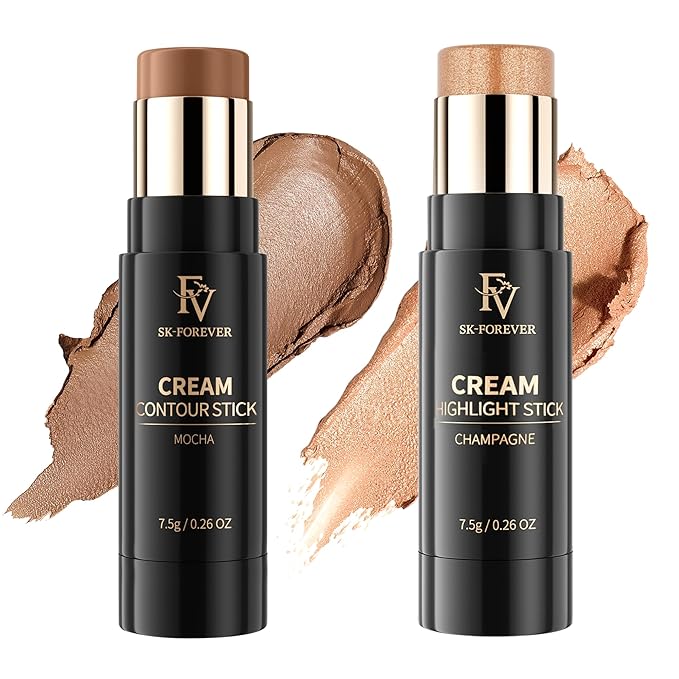 FV Contour and Highlighter Stick Set - Creamy, Highly Pigmented & Blendable for a Sculpted, Natural Glow, Waterproof & Long-Lasting Finish, Perfect for On-The-Go Makeup, 02 Mocha & 03 Champagne