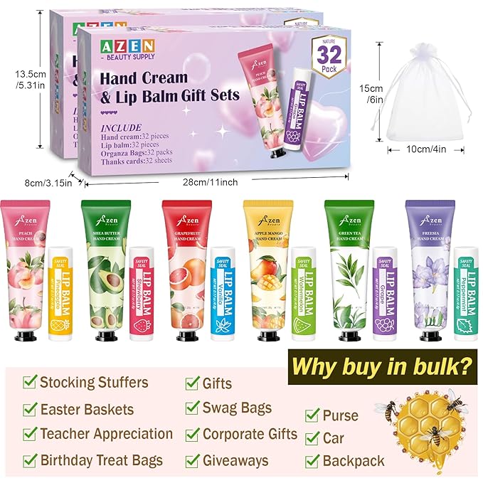 AZEN 64 Sets Bulk Gifts, Hand Cream and Lip Balm Bulk Set with Organza Bag Thank You Card, Baby Shower Wedding Gifts for Guests, Bridal Wedding Favors for Guests,Thank You Gifts for Women
