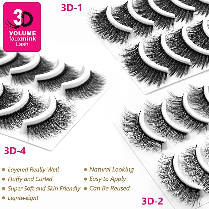 Eliace False Eyelashes Natural look Cat Eye Lashes Wispy Strips 3D Mink Lashes Fulffy,NEW 50 Pairs 5 Styles Fake Eyelashes,Faux Volume Curly Full,Thin Lash Band Soft Comfortable Lightweight Lash Pack