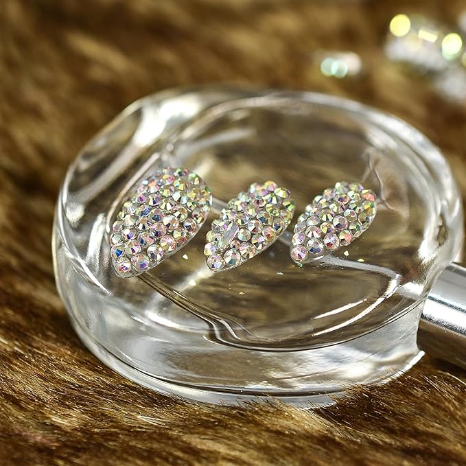 Handmade Nails 24pcs Full Cover 3D Rhinestones Press On Nails Almond Medium Length Nails Women Girls Gifts Salon Manicure Shiny Crystal Nail Art Tips Fake Nails Reusable Acrylic False Nails