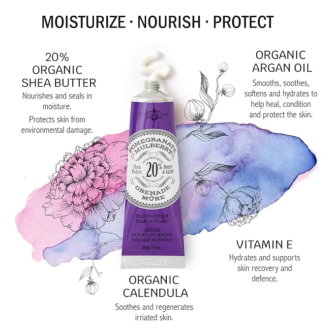 La Chatelaine 20% Shea Butter Hand Cream Travel Size, Organic Argan Oil, Moisturizing, Nourishing, Repairing, Extra-Rich Hand Lotion, Made in France, Paraben Free, 1 oz / 30ml (Pomegranate Mulberry)