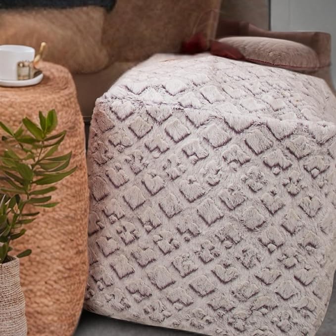 DaDalogy Bedding Dreamy Milky Way White Faux Fur Ottoman Pouf Cover - Purple Undertone Geometric Pattern with Zipper - 1-Piece 18" x 18" x 18"