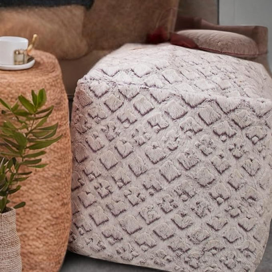 DaDalogy Bedding Dreamy Milky Way White Faux Fur Ottoman Pouf Cover - Purple Undertone Geometric Pattern with Zipper - 1-Piece 18" x 18" x 18"