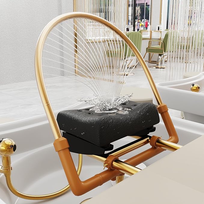 Hair Washing Head Spa Stationary Massage Table with Water Cycle & Fumigation Salon Equipment for Beauty Head Spa Physical Therapy Massage, Stainless Steel Gold Color-Plated Frame, PU Beige Gray