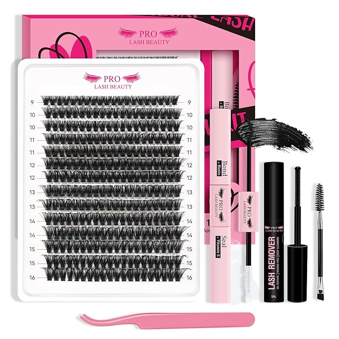 Lash Clusters Kit 280pcs Lash Clusters D Curl Eyelash Extension Kit Individual Lashes with Lash Bond and Seal Lash Applicator Easy to Apply at Home(80D-9-16mix Kit)