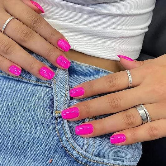 Hot Pink Press on Nails Short Square, KQueenest Gel Fake Nails Short Coffin Pure Bright Color Natural Petite Nails Kit Solid Stick on Nails Press on for Women Daily Office Manicure