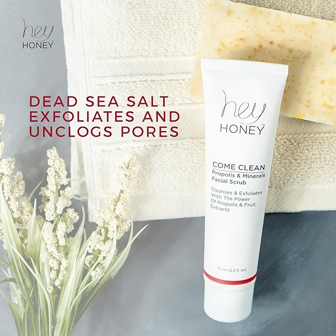 Hey Honey Skincare Propolis and Dead Sea Salt Microdermabrasion Facial Scrub For Sensitive Skin | Non-Abrasive Exfoliating Aimed Brighten Acne Scars, Remove Blackheads & Dead Skin Cells | 2.2 oz