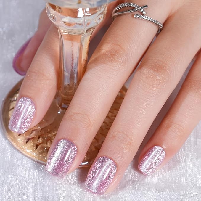 Pink Cat Eye Press on Nails Short, Jofay Fashion Soft Gel Fake Nails, Elegant Press on Nails, Reusable & Natural Acrylic False Nails, Stick on Nails for Women Girls Gift, Glue on Nails Kit 32 Pcs