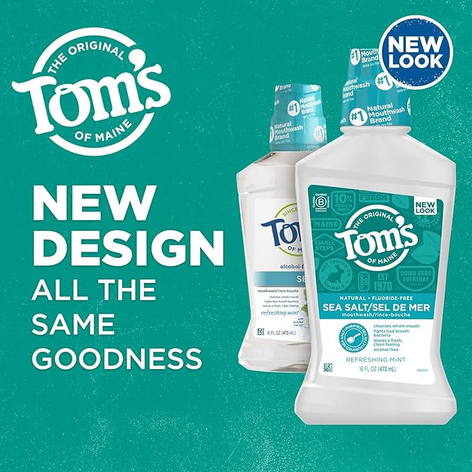 Tom's of Maine Sea Salt Natural Alcohol-Free Mouthwash, Refreshing Mint, 16 Fl Oz (Pack of 6)(Packaging May Vary)