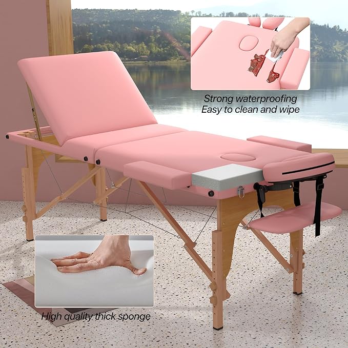 Massage Table Massage Bed, Portable 3 Section Foldable Tattoo Bed, Height Adjustable Lash Spa Bed with Face Cradle, Home Light Weight Facial Salon Bed with with Wood Frame, Light Pink