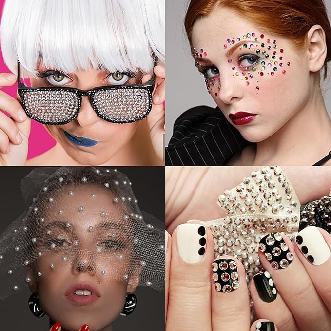 1450 Pieces Eye Face Gems White Pearls Self-Adhesive Rhinestone Stickers for Makeup, Rainbow Glitters Jewels Face Stickers, for DIY Nail Body Accessories