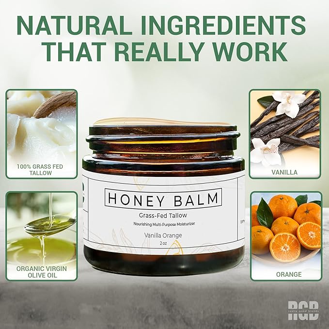 Tallow and Honey Balm, Organic Body Butter, Grass-Fed Beef Tallow for Skin, Soothing All-Natural Moisturizer for Body and Face | Made in USA - 2 oz (Vanilla Orange)