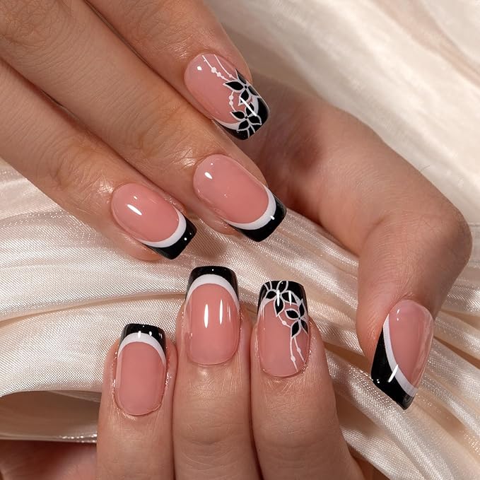 Curvlife Soft Gel Press on Nails, 30Pcs 15 Sizes Soft Gel Nail Tips, Full Cover Design Reusable Fake Nails Kit with Glue and Adhesive Tabs (black flower french, Medium)