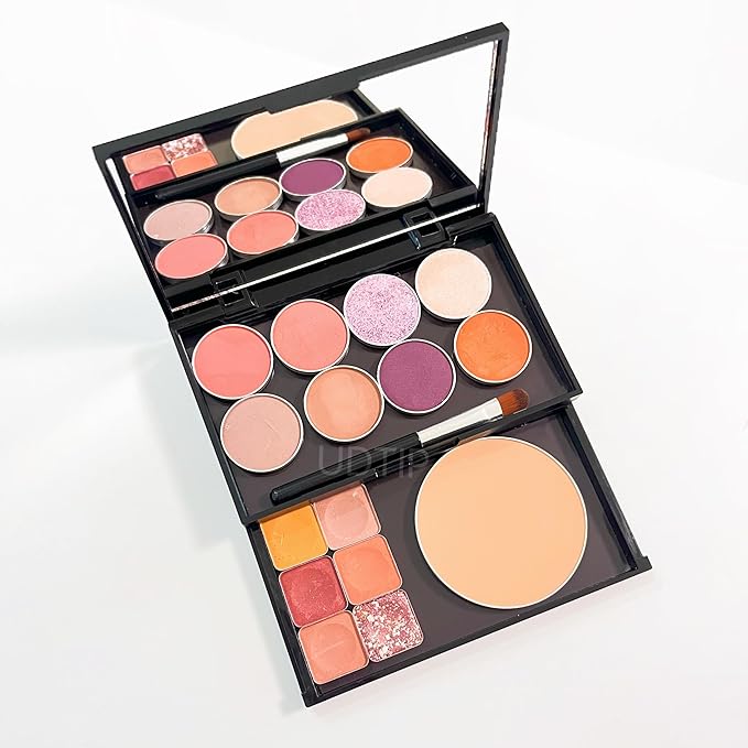 2-layer empty magnetic makeup palette with mirror, includes 20 adhesive metal sticker for storing eyeshadow or cosmetics. Compact and portable design measuring 4.88 x 2.99 inches, Black