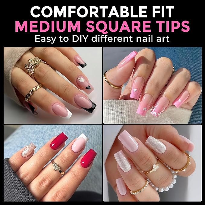 UNA GELLA Medium Square Nail Tips: 216pcs Square Press on Nails Pre-shape Clear Nails Tips for Full Cover Acrylic French False Nails For Nail Extension, Home DIY Nail Salon 12 Sizes False Tips